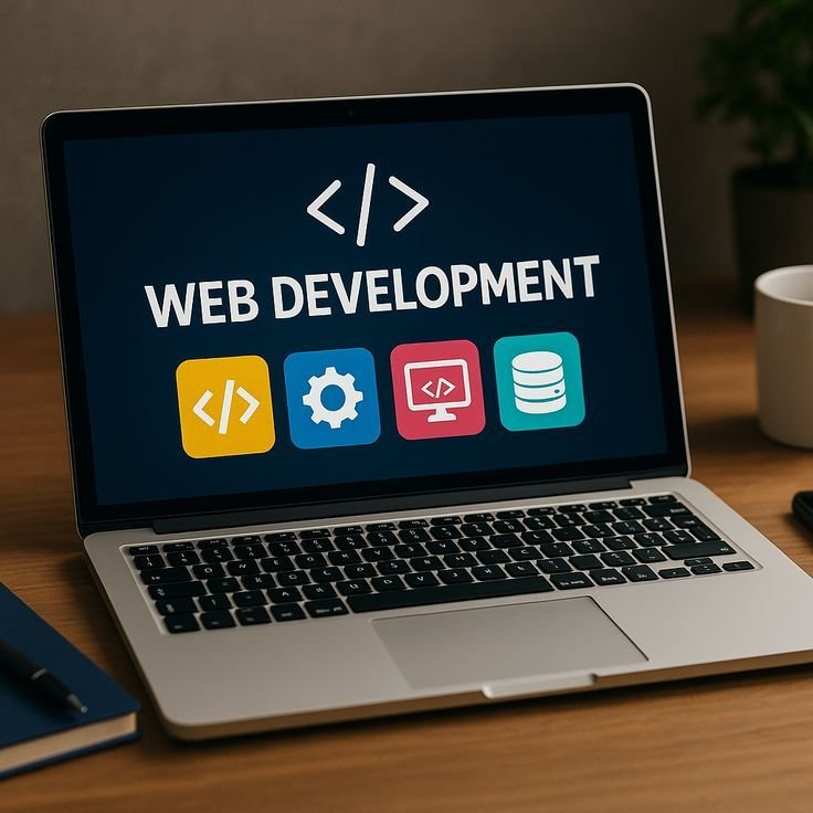 Web Development Services displayed on a laptop screen featuring coding, custom website development, database integration, responsive web design, and modern website development solutions