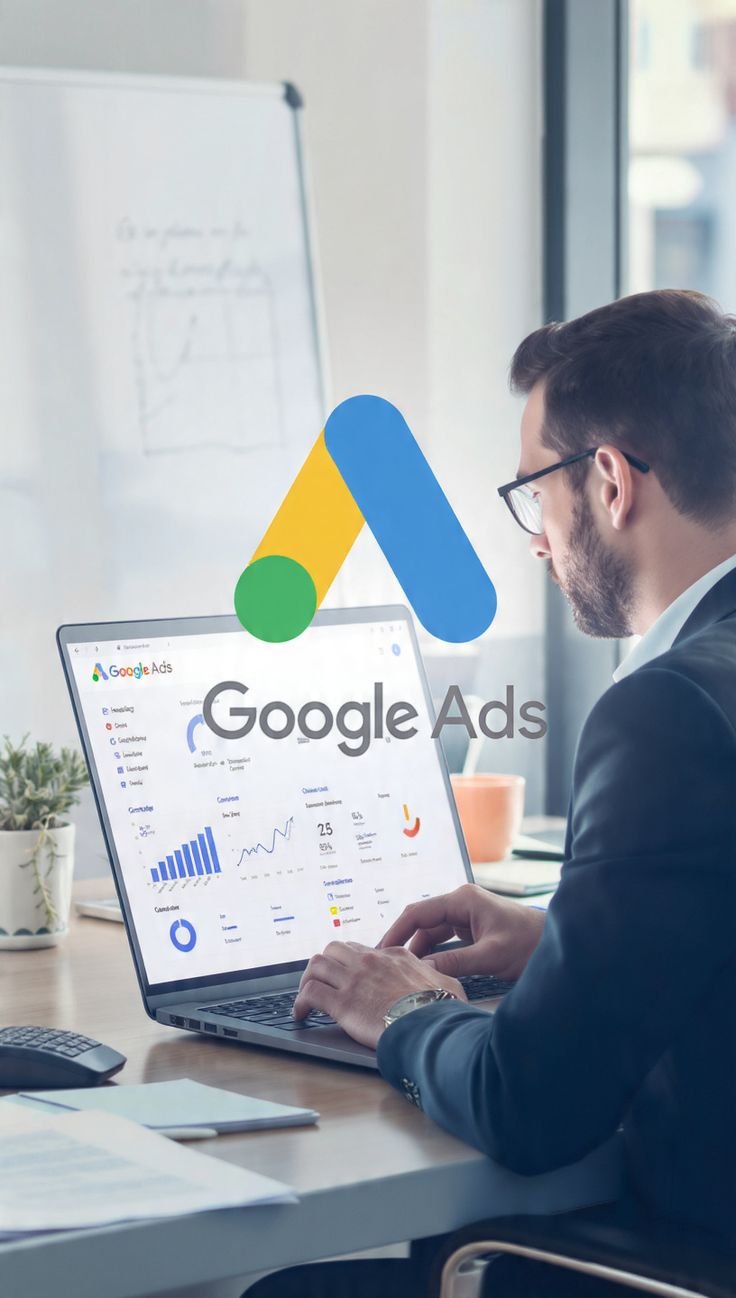 Digital marketing dashboard showing Google Ads campaign performance with keywords, graphs, and ad results on screen.