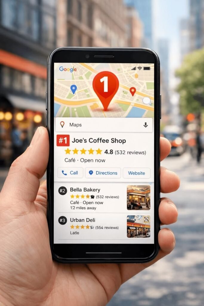 Digital marketing screen showing Google My Business profile dashboard with map listings, reviews, photos, and business details.