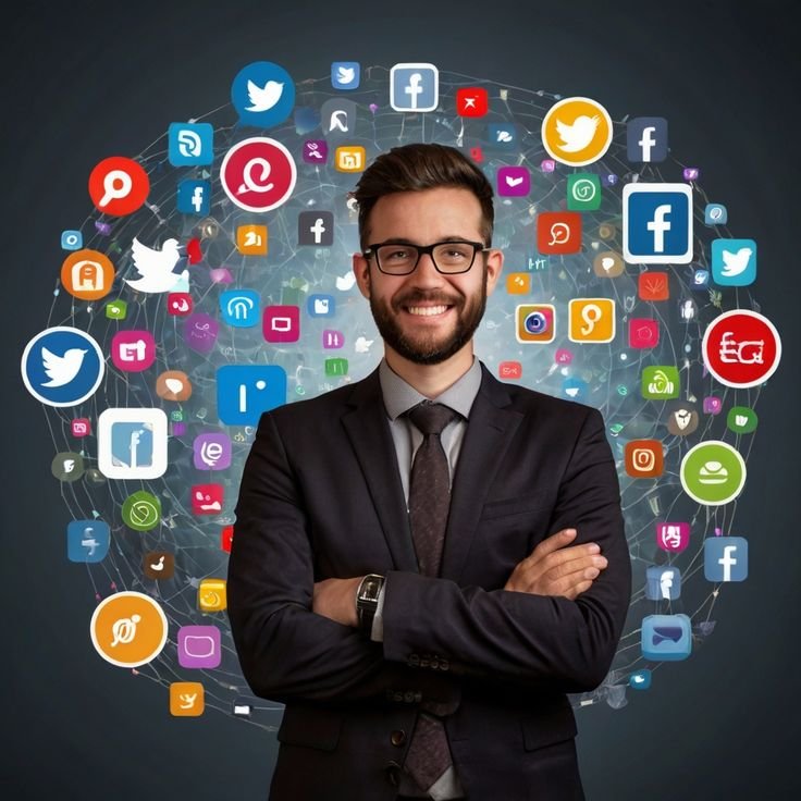 Person standing surrounded by digital marketing elements including SEO, branding, social media, web design, and analytics representing business growth.